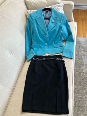 Rampage Turquoise Tailored Blazer with Accent Brooch & Black Pencil Skirt